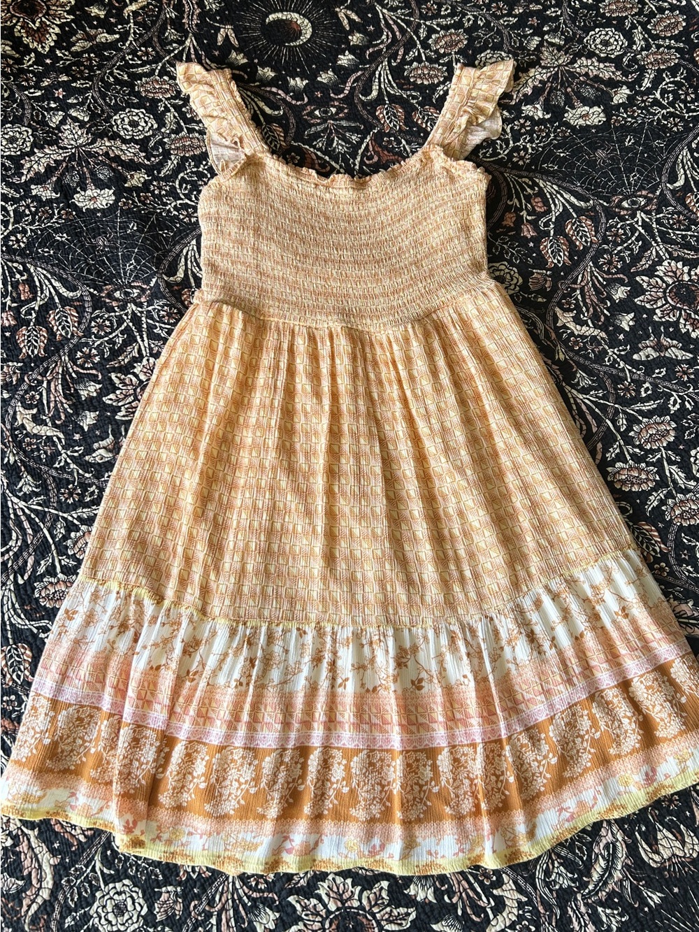 Maurices XL Peach Yellow Pink Smocked Ruffle Strap Floral Print Rayon Dress